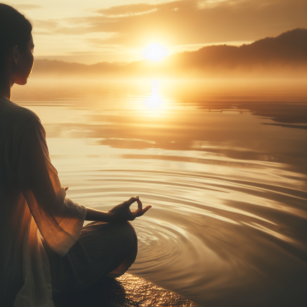 A serene individual meditating by a calm lakeside at sunrise, with gentle ripples on the water reflecting the soft morning light, symbolizing inner peace and the act of tuning into one's intuition.