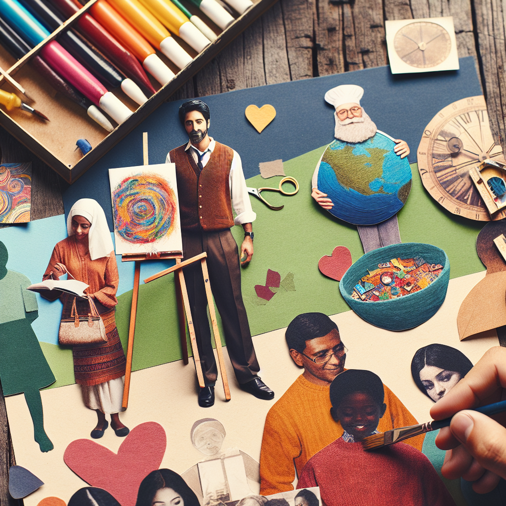 A vibrant collage of various activities such as painting, teaching, and volunteering, arranged artistically on a wooden table, representing the exploration and discovery of personal passions and interests.