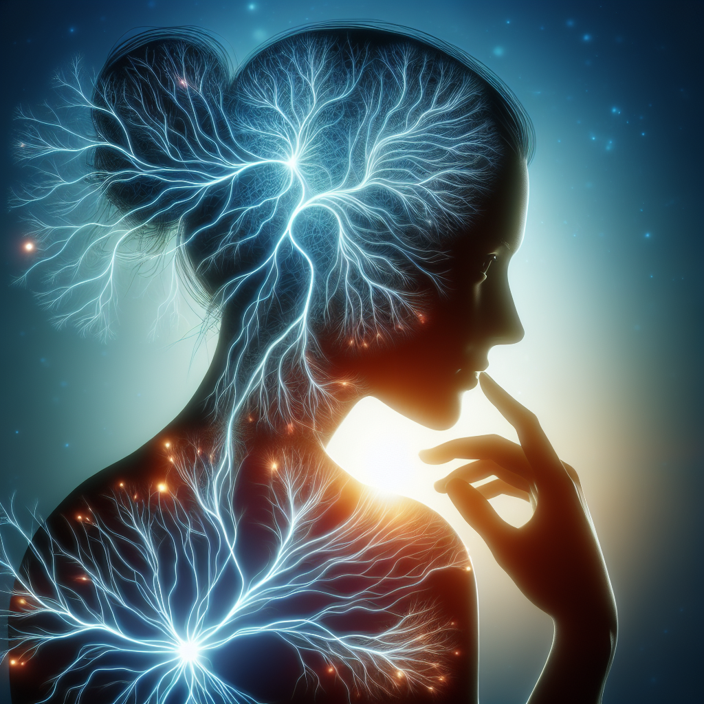 A serene image of a human silhouette with glowing neural pathways and intertwined roots, symbolizing the intricate communication between the mind and body through nerves, hormones, and biochemical reactions. The background features a soft gradient of calming blues and purples to evoke a sense of tranquility and interconnectedness.