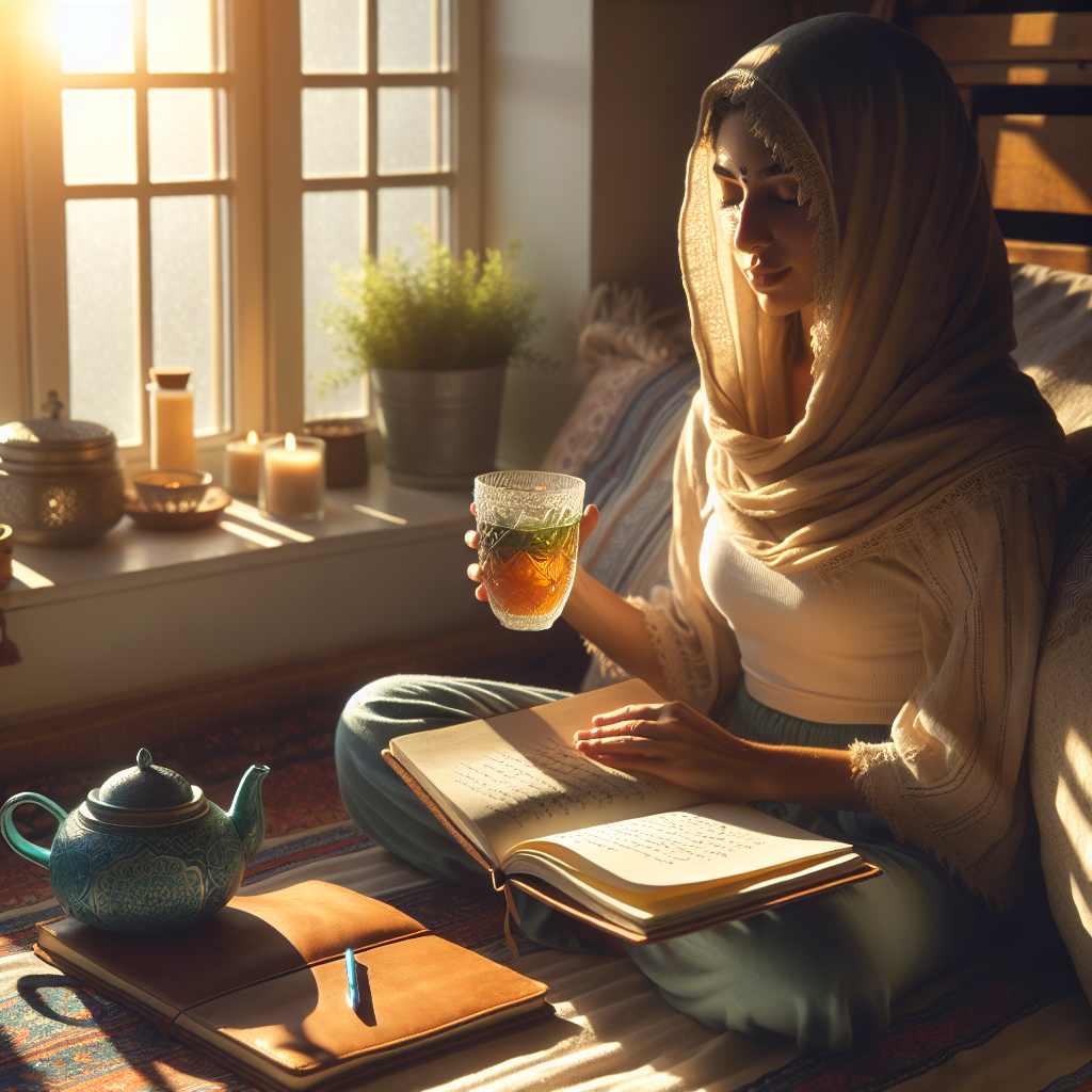 A peaceful morning scene featuring a person sitting by a sunlit window with a journal and a cup of herbal tea, engaging in gratitude journaling or morning meditation to set a positive tone for the day.