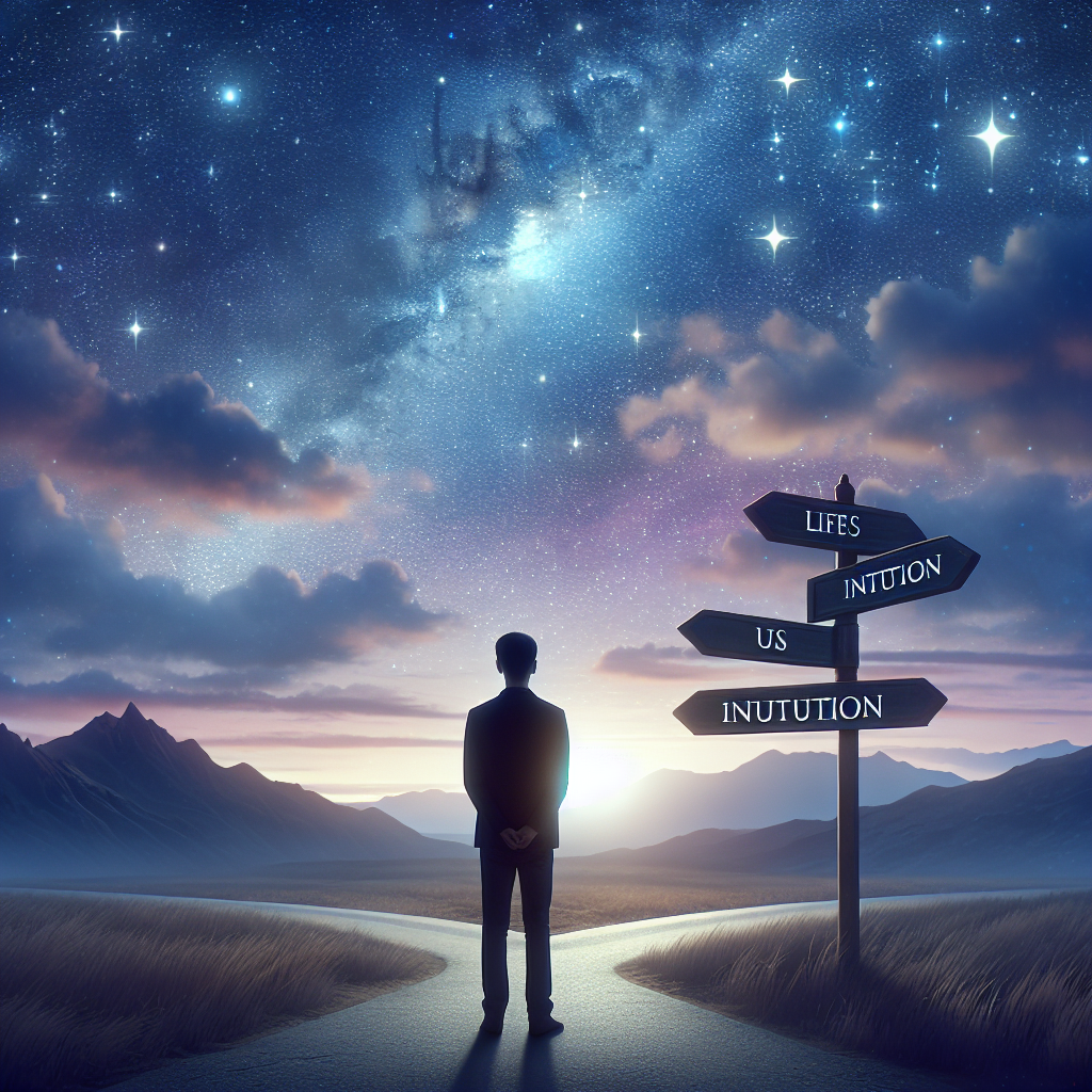 A tranquil scene depicting a person standing at a crossroads under a starry night sky, symbolizing intuition guiding them through life's decisions and unexpected opportunities.