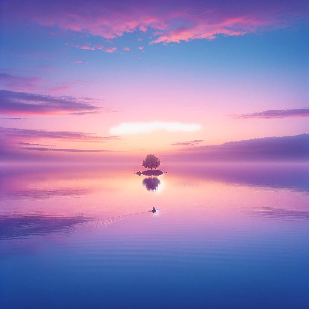 A tranquil sunrise over a serene lake with soft pastel colors reflecting on the water, symbolizing the journey towards inner peace and a balanced life amidst the chaos of modern living.