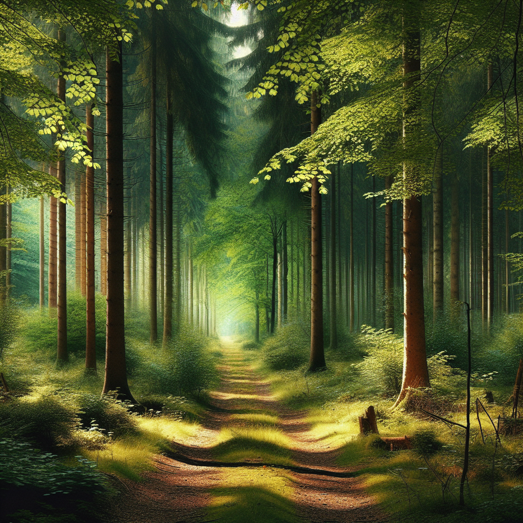 A tranquil forest path lined with tall, lush trees and dappled sunlight filtering through the leaves, inviting readers to visualize themselves embarking on a peaceful nature walk.