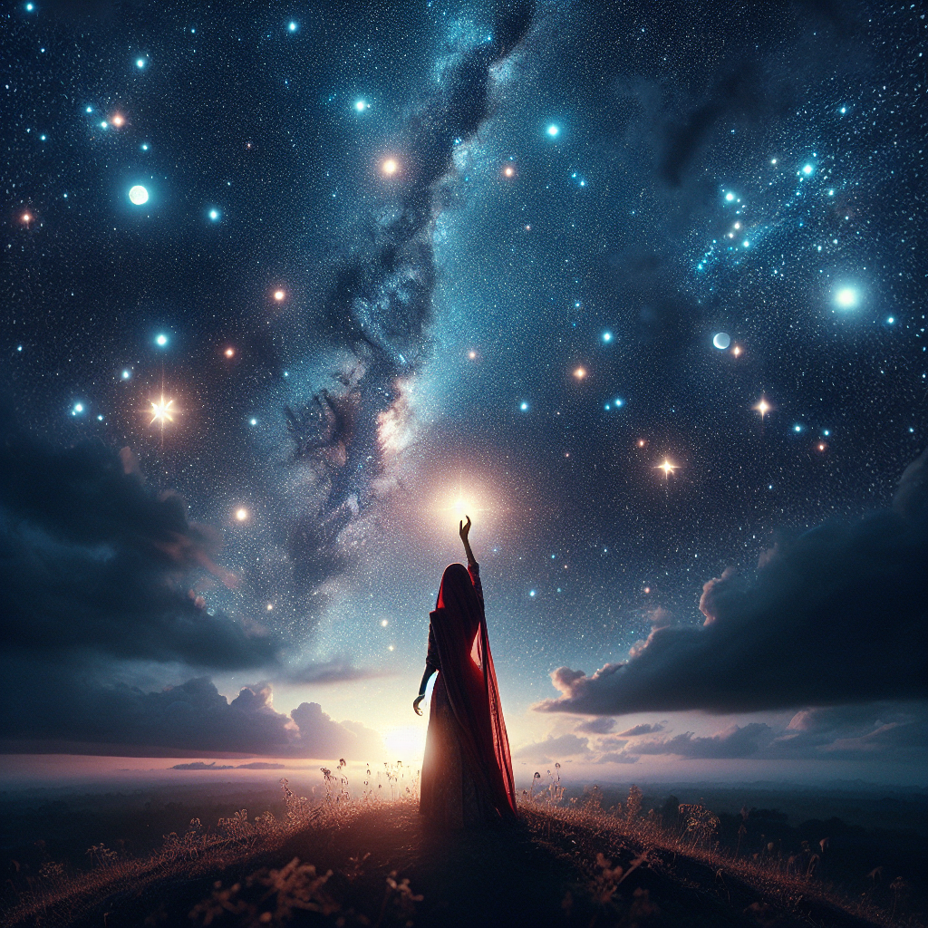A serene night sky filled with twinkling stars, with a person standing on a hilltop reaching towards the sky, symbolizing the pursuit of dreams and the journey of manifesting desires.