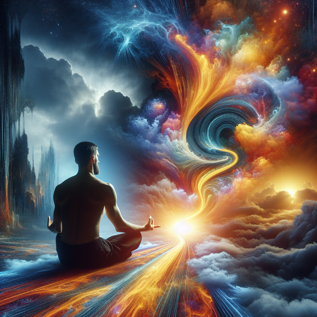 A serene image depicting a person meditating amidst a chaotic background, with a clear, bright path emerging from their mind, symbolizing the transition from chaos to clarity through visualization.