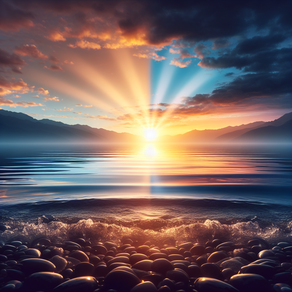 A serene sunrise over a calm lake, symbolizing the transition from darkness to light, representing the journey from stress and negativity to inner peace and positivity.