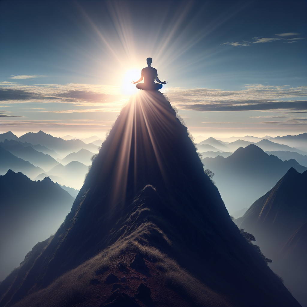 A tranquil scene of a person sitting in meditation at sunrise on a mountain peak, with soft light illuminating the sky, symbolizing the journey towards inner peace and spiritual awakening.