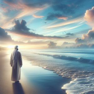 A serene landscape at dawn with gentle waves lapping the shore, symbolizing the ebb and flow of life. Soft pastel colors in the sky reflect a sense of hope and renewal, while a solitary figure stands peacefully, gazing towards the horizon, embodying the journey toward emotional healing and resilience.