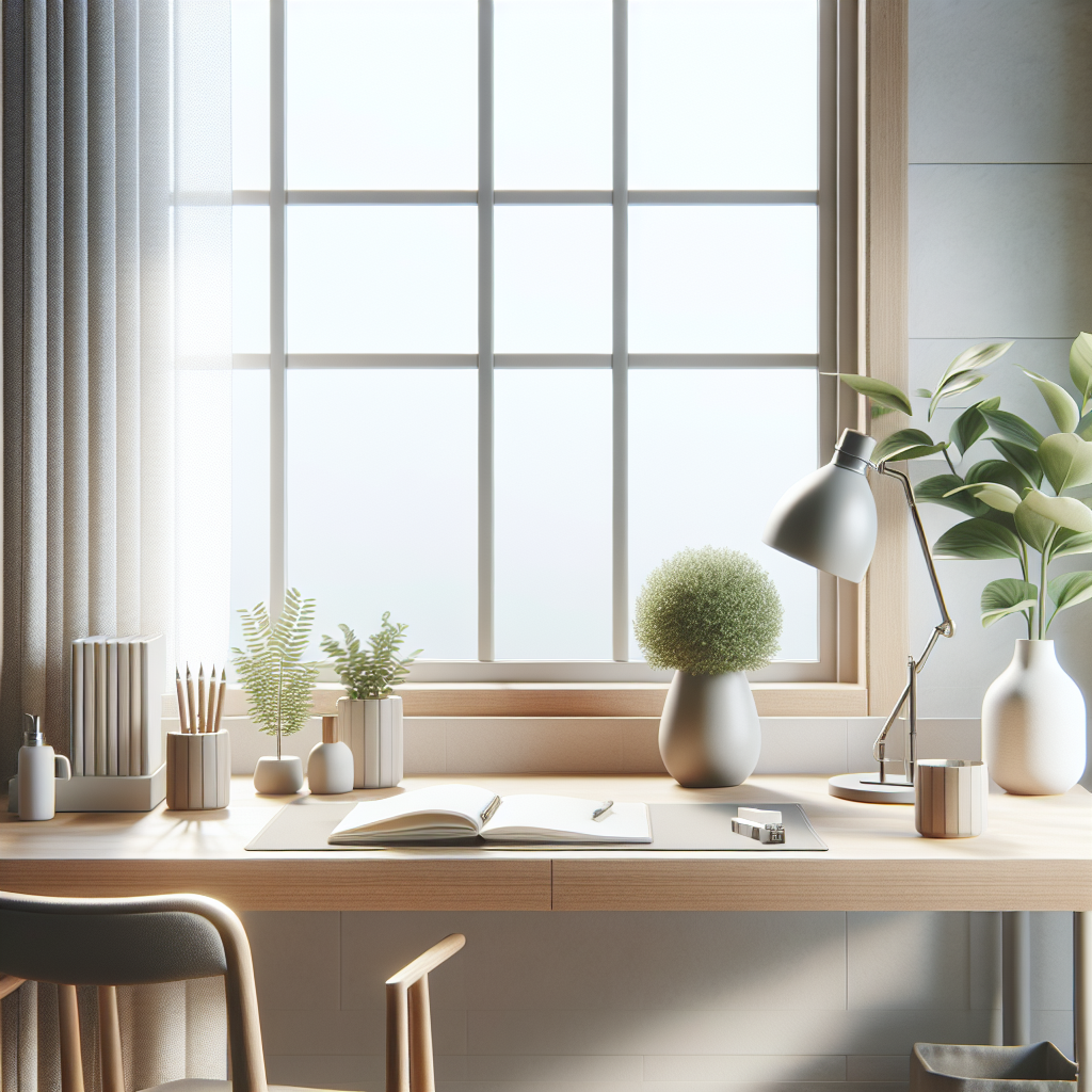 A serene and organized workspace featuring a clean desk with minimalistic decor, natural light streaming in through a window, and neatly arranged items like a plant, a notebook, and a lamp, illustrating a clutter-free environment that promotes focus and calm.