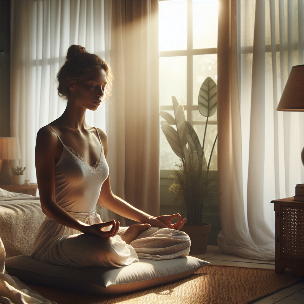 A serene bedroom scene with soft morning light filtering through the curtains, featuring a person sitting cross-legged on a cushion with eyes closed, deeply engaged in a focused breathing exercise.