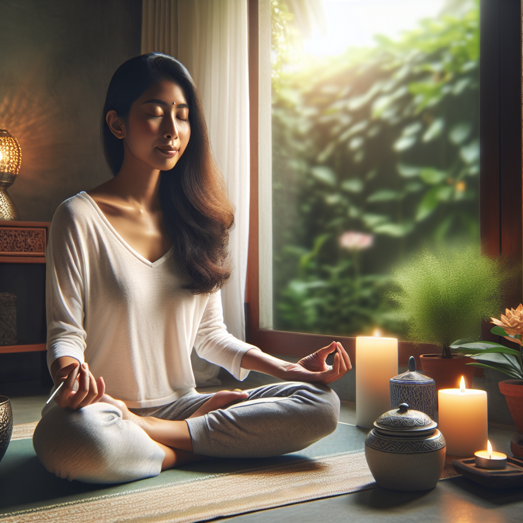 A serene scene of a person sitting cross-legged on a cushion in a tranquil room with soft natural light, eyes closed in meditation. Surrounding them are elements like candles, indoor plants, and a window overlooking a peaceful garden, illustrating the calm and focus cultivated through mindfulness meditation.