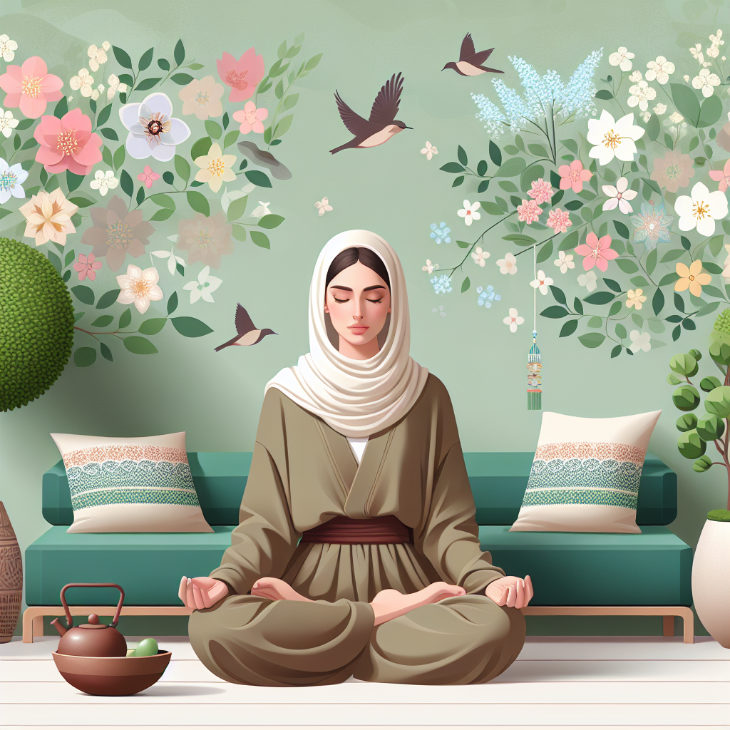A serene image of a person sitting cross-legged in a tranquil environment, such as a peaceful garden or a minimalist indoor space, with eyes closed and a calm expression, illustrating the practice of meditation and inner focus.