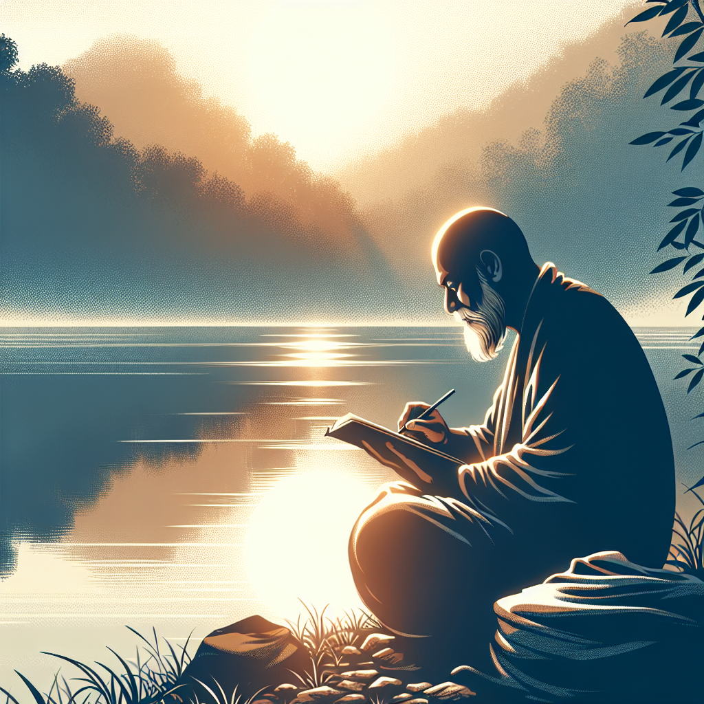 A serene scene of a person sitting peacefully by a quiet lake during sunrise, journaling in a notebook with soft light reflecting on the water, symbolizing introspection and self-awareness.