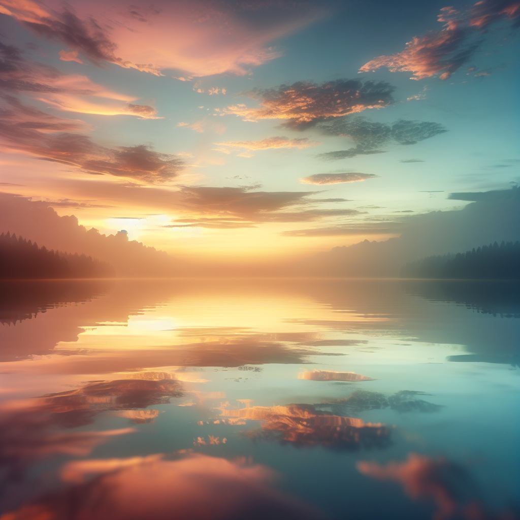 A serene sunrise over a calm lake, reflecting soft pastel colors in the sky, symbolizing the quest for inner peace amidst the chaos of modern life.
