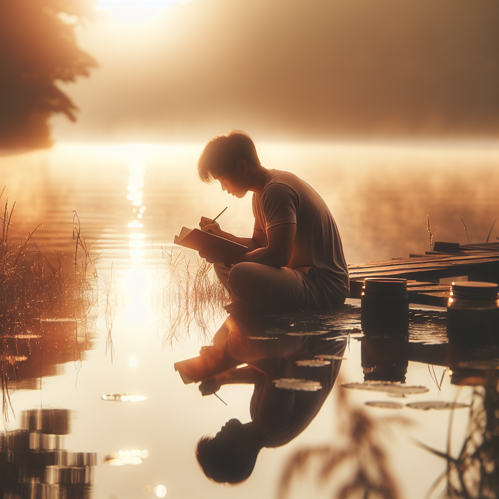 A serene scene of a person sitting peacefully by a calm lake at sunrise, journaling their thoughts. The soft morning light reflects on the water, symbolizing introspection and inner peace.