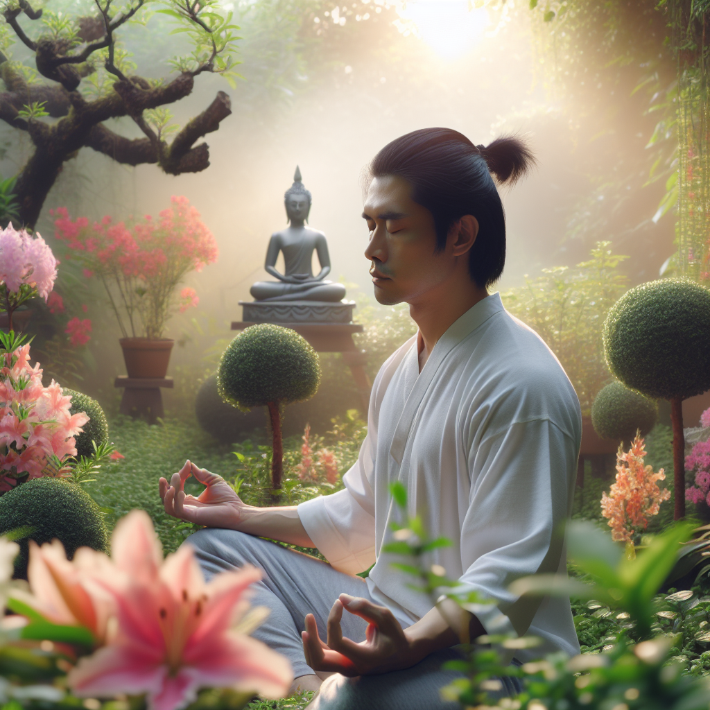 A tranquil scene featuring a person meditating in a lush garden at sunrise, surrounded by blooming flowers and soft morning light, symbolizing the deep recognition and appreciation of life's positive aspects.