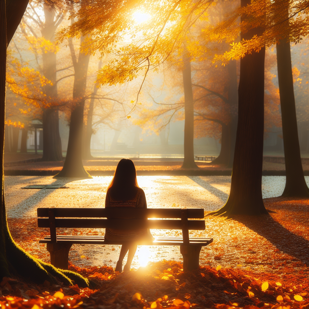A peaceful individual seated alone on a bench in a quiet park during autumn, surrounded by fallen leaves and gentle sunlight, illustrating the tranquility and self-discovery that come with redefining solitude.