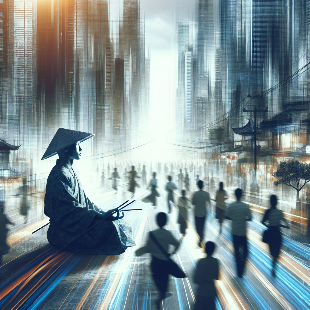 A bustling cityscape with blurred motion of people and traffic, contrasted by a solitary figure meditating peacefully in the foreground, symbolizing the search for calm amidst chaos.