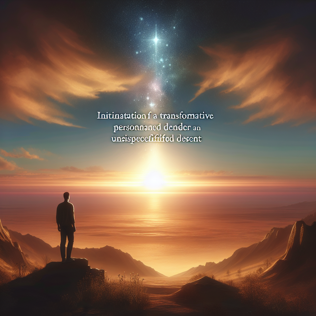 A tranquil sunrise over a vast, open landscape with a solitary figure standing at the horizon, symbolizing the beginning of a personal transformation journey and the endless possibilities that lie ahead.