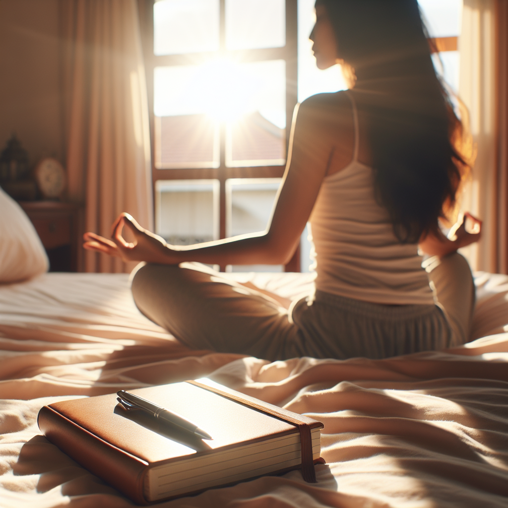 A serene morning scene with soft sunlight streaming through a bedroom window, showing a person meditating on a comfortable bed with a journal and pen beside them, symbolizing the practice of setting daily intentions.