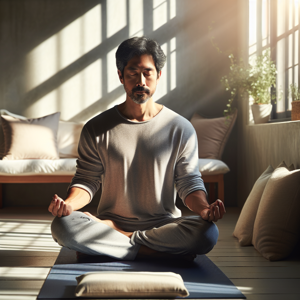 A serene image of a person sitting cross-legged on a yoga mat in a quiet, sunlit room. They have their eyes closed and are in a meditative pose, surrounded by soft cushions and minimalistic decor. The calm atmosphere emphasizes tranquility and the focus on inner peace.