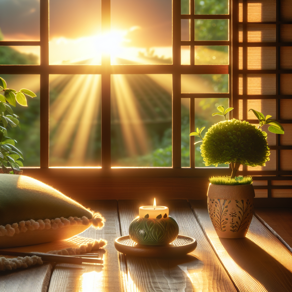 A serene sunrise with soft golden light streaming through a window, illuminating a peaceful meditation space with a comfortable cushion, a lit candle, and a small plant, symbolizing the start of a mindful day.