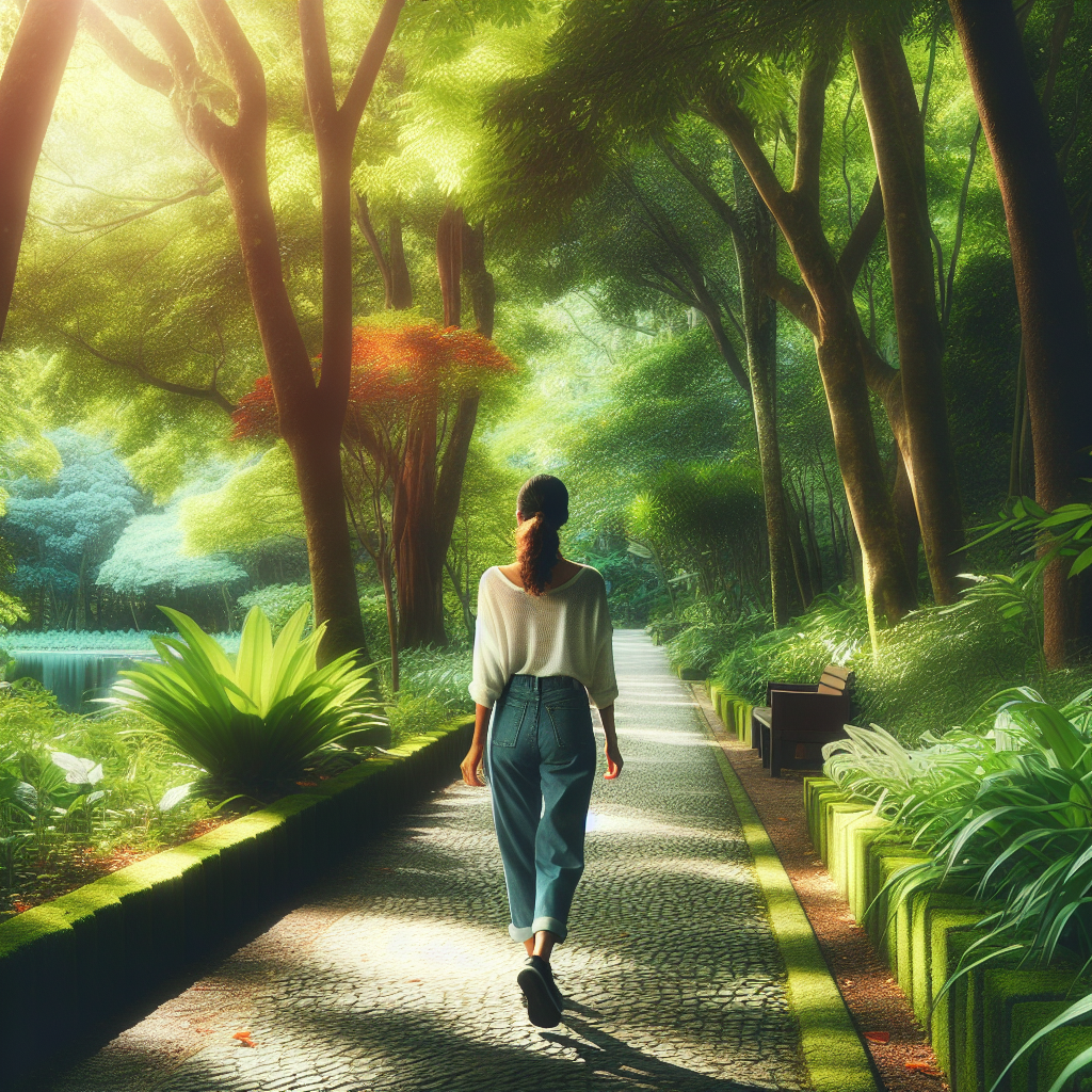 A serene path through a lush green park with a person strolling slowly, fully immersed in their surroundings. The image captures the individual’s mindful step, the vibrant foliage, and dappled sunlight filtering through the trees, emphasizing a peaceful connection with nature.