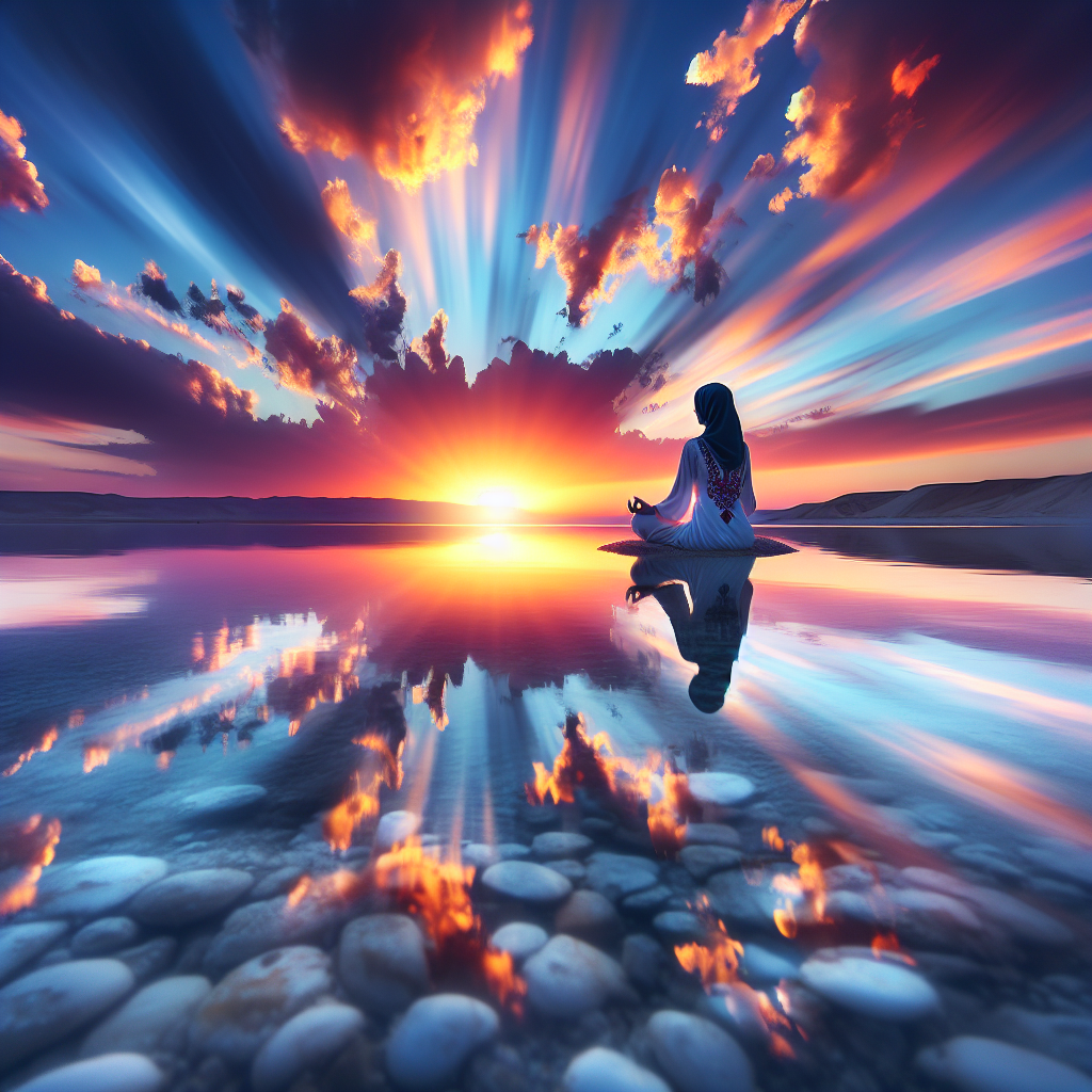 A serene sunrise over a calm lake, reflecting vibrant colors in the sky. A person is meditating on the shore, symbolizing the clarity and peace that visualization brings to manifesting dreams.