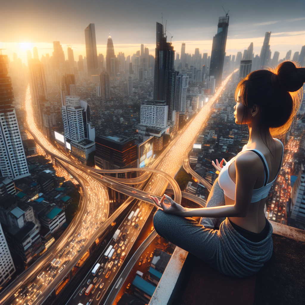 A serene image of a person meditating on a rooftop overlooking a bustling cityscape, symbolizing calm amidst chaos.