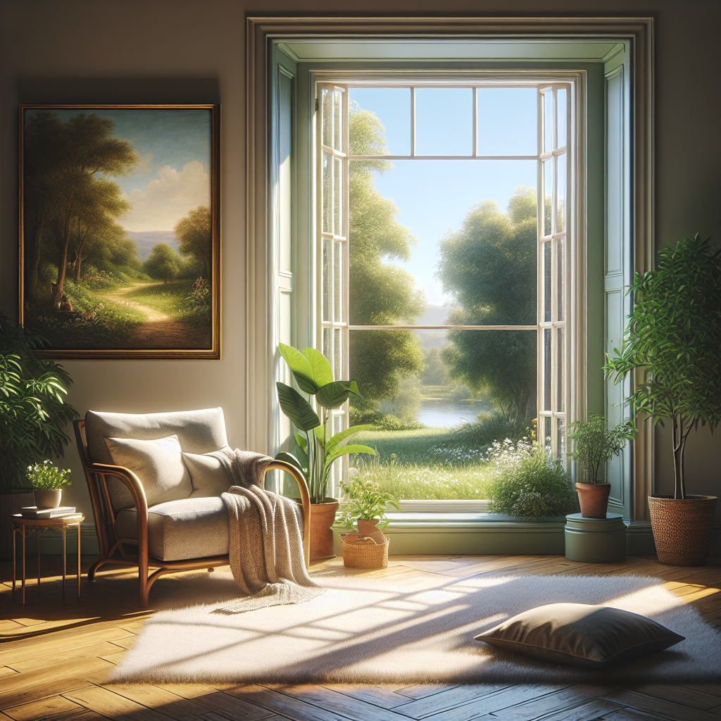 A tranquil corner of a sunlit living room featuring a comfortable armchair by a large window. The space is adorned with soft rugs, a small indoor plant, and a serene artwork on the wall, illustrating a perfect spot for relaxation and mindfulness.