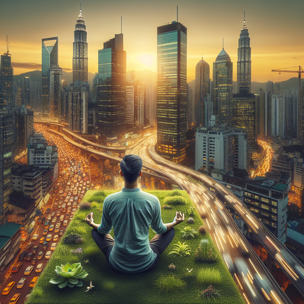 A peaceful scene depicting a person sitting cross-legged in meditation amidst a chaotic cityscape, symbolizing the contrast between inner calm and external turmoil.