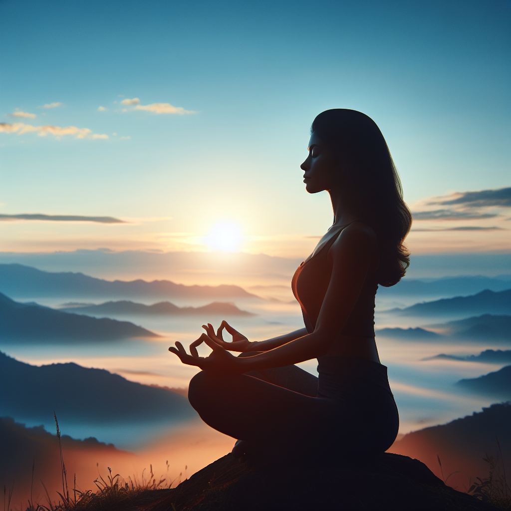 A serene individual sitting in a lotus position on a mountaintop during sunrise, surrounded by soft mist and expansive skies, embodying tranquility and deep meditation.