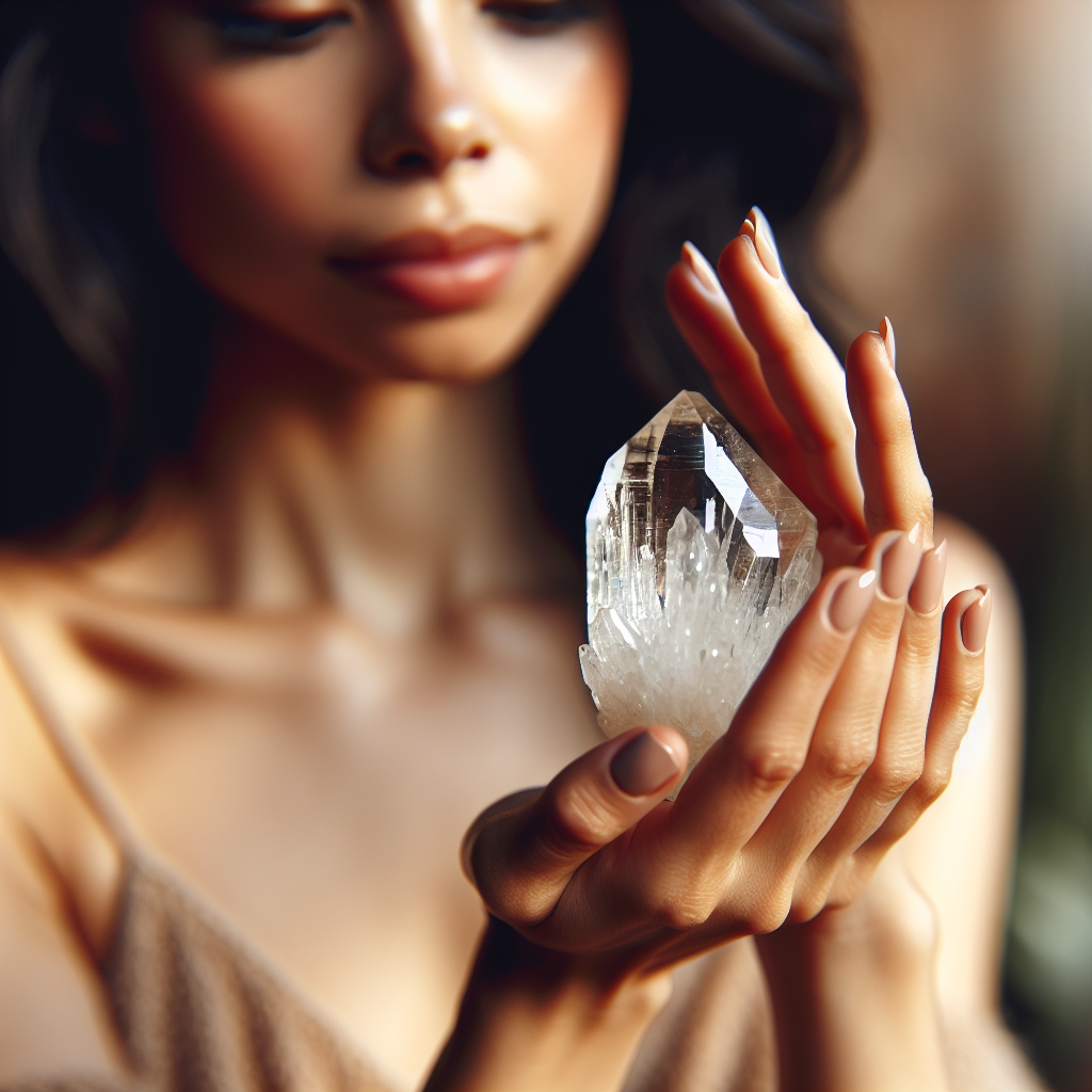 A close-up of a person's hand gracefully holding a shimmering crystal, capturing the crystal's natural facets and vibrant colors to symbolize the connection between Earth's energy and the human spirit.