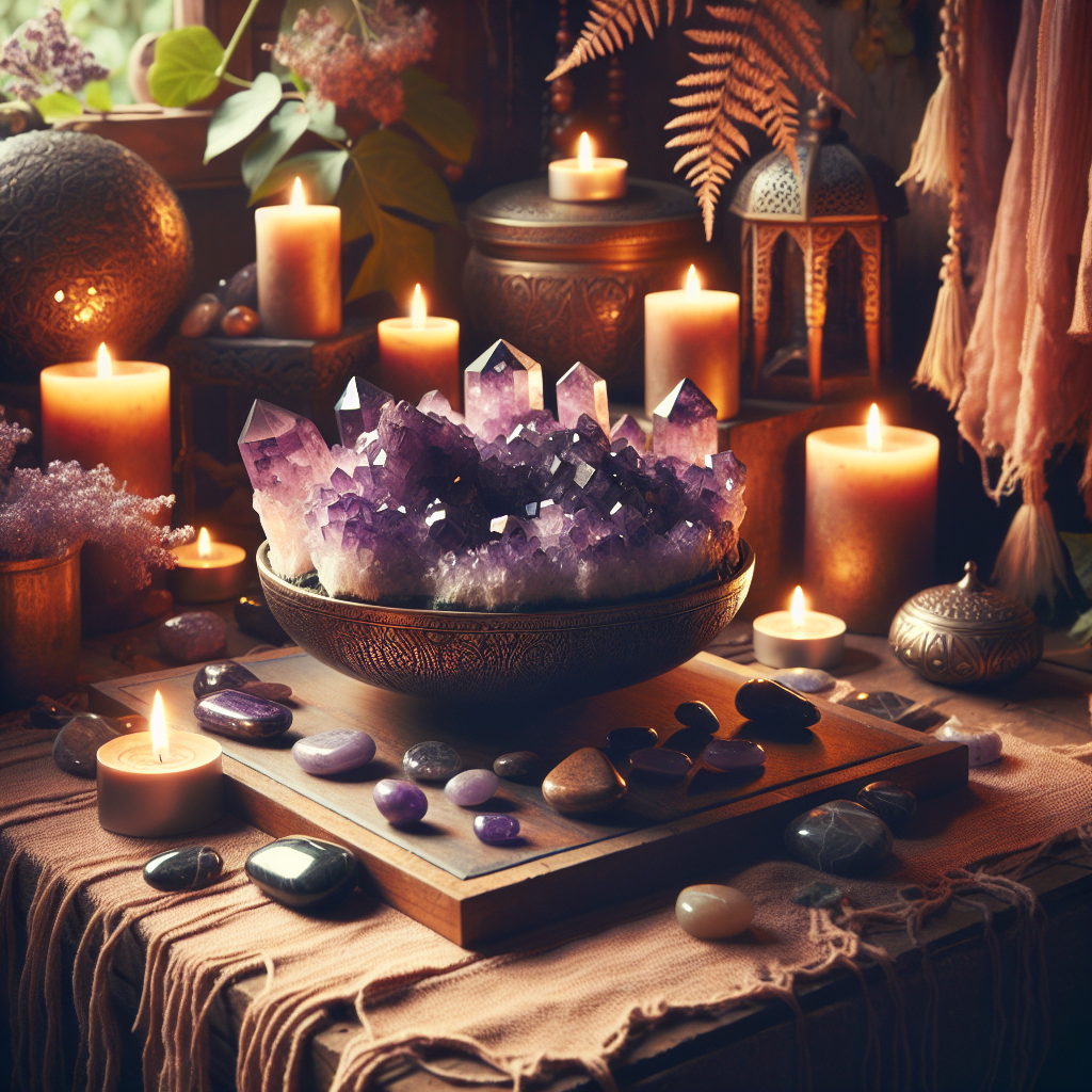 A serene meditation space featuring a cluster of deep violet amethyst crystals placed on a wooden altar, surrounded by softly lit candles and calming natural elements to evoke tranquility and spiritual protection.