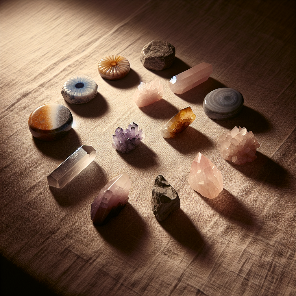 A harmonious arrangement of the seven essential crystals displayed on a textured fabric, with soft lighting highlighting each stone's unique colors and textures, representing the diverse tools available for spiritual growth and inner peace.