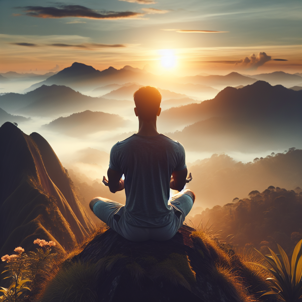 A tranquil scene of a person meditating at sunrise on a mountaintop, surrounded by mist and nature, illustrating the pursuit of inner peace amidst modern life's chaos.