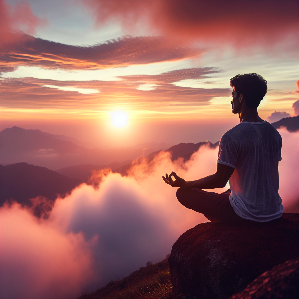 A tranquil scene of a person meditating at dawn atop a mountain with a vast, colorful sunrise in the background. The individual sits cross-legged, eyes closed, embodying serenity and spiritual connection, while soft light filters through misty clouds, symbolizing the journey towards inner peace and mindfulness.