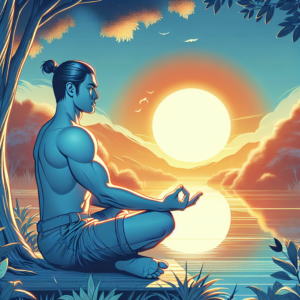 A tranquil scene of a person sitting peacefully by a calm lake during sunrise, reflecting the quest for inner peace and the essence of mindfulness amidst a hectic world.