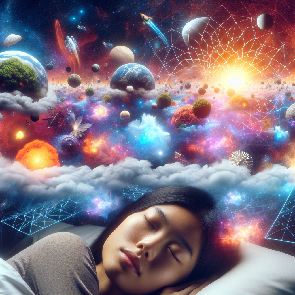 A serene individual lying in bed with their eyes closed, surrounded by a vibrant and surreal dreamscape filled with floating islands, luminous skies, and abstract geometric shapes, symbolizing the vivid and conscious exploration of lucid dreaming.