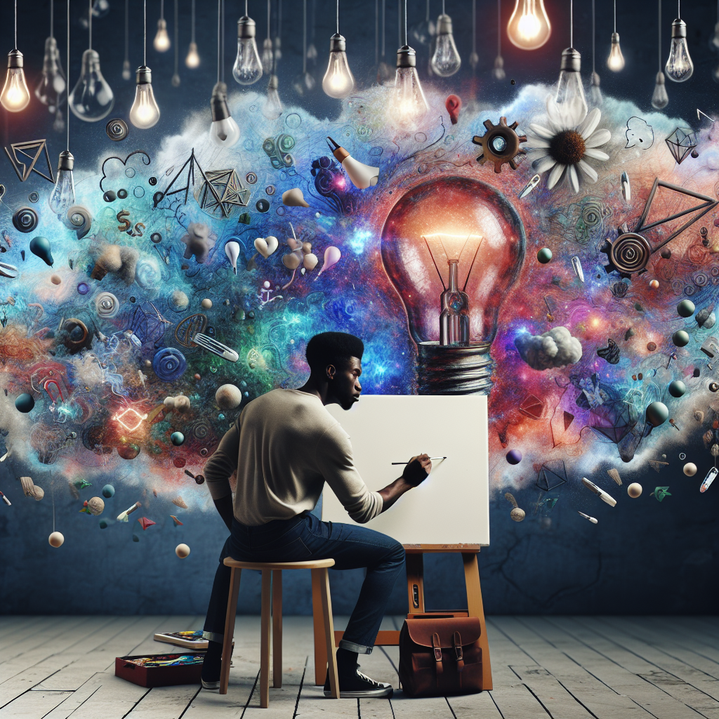 An artist sitting at a canvas in a dreamlike environment, with imaginative and colorful elements swirling around them. Lightbulbs and creative symbols float in the air, illustrating the boost in creativity and innovative thinking that lucid dreaming can inspire.