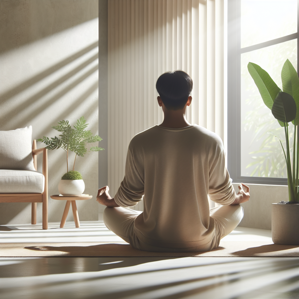 A serene scene of a person meditating in a tranquil room with soft natural light streaming through a window, surrounded by minimalistic decor and indoor plants, embodying peace and the importance of creating a quiet space for introspection.