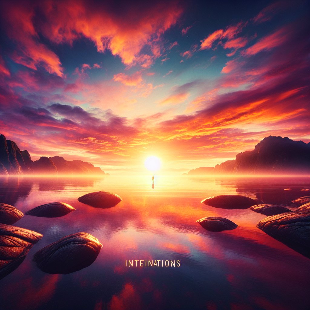 A serene sunrise over a calm horizon, symbolizing new beginnings and the limitless potential of manifesting one's dreams. The sky is painted with vibrant hues of orange and pink, reflecting the hope and clarity that comes with setting intentions.