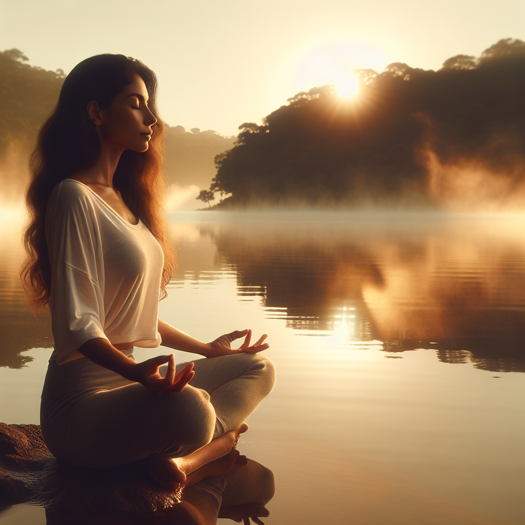 A serene scene of a person sitting cross-legged on a tranquil lakeshore during sunrise, eyes closed in meditation. The soft morning light reflects on the still water, surrounded by gentle mist and lush greenery, embodying mindfulness and inner peace.