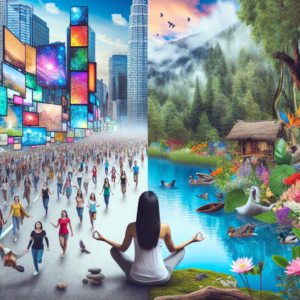A split-image showing the contrast between a bustling cityscape with busy people and digital screens on one side, and a serene, tranquil nature scene with a person meditating by a calm lake on the other, symbolizing the pursuit of inner peace amidst modern chaos.