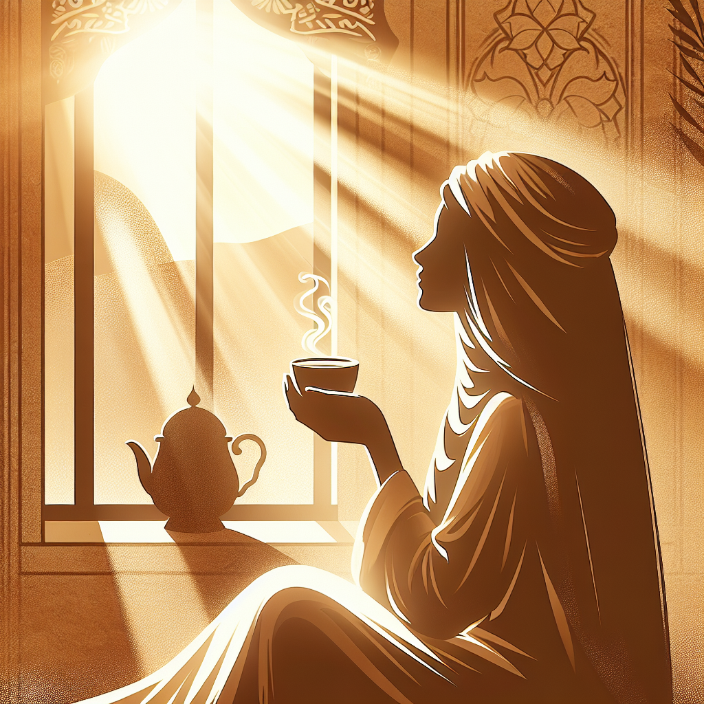 A serene morning scene with sunlight streaming through a window, illuminating a person sitting quietly with a cup of coffee, symbolizing the peaceful start of a mindful day.