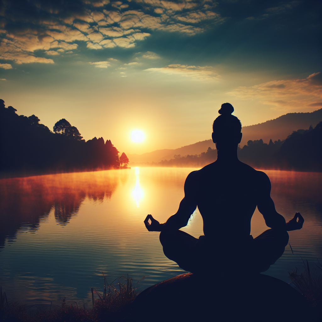 A tranquil sunrise over a calm lake with a silhouetted individual sitting in a lotus position on the shore, symbolizing the beginning of a spiritual journey and the pursuit of inner peace through breathwork.