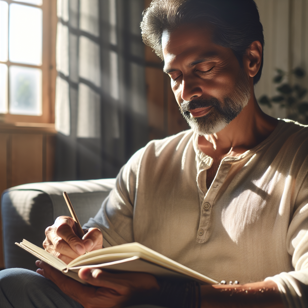 A serene scene of an individual sitting quietly in a sunlit room, writing in a gratitude journal with a peaceful expression, surrounded by soft natural light and calming decor, symbolizing the practice of focusing on positive aspects of life.