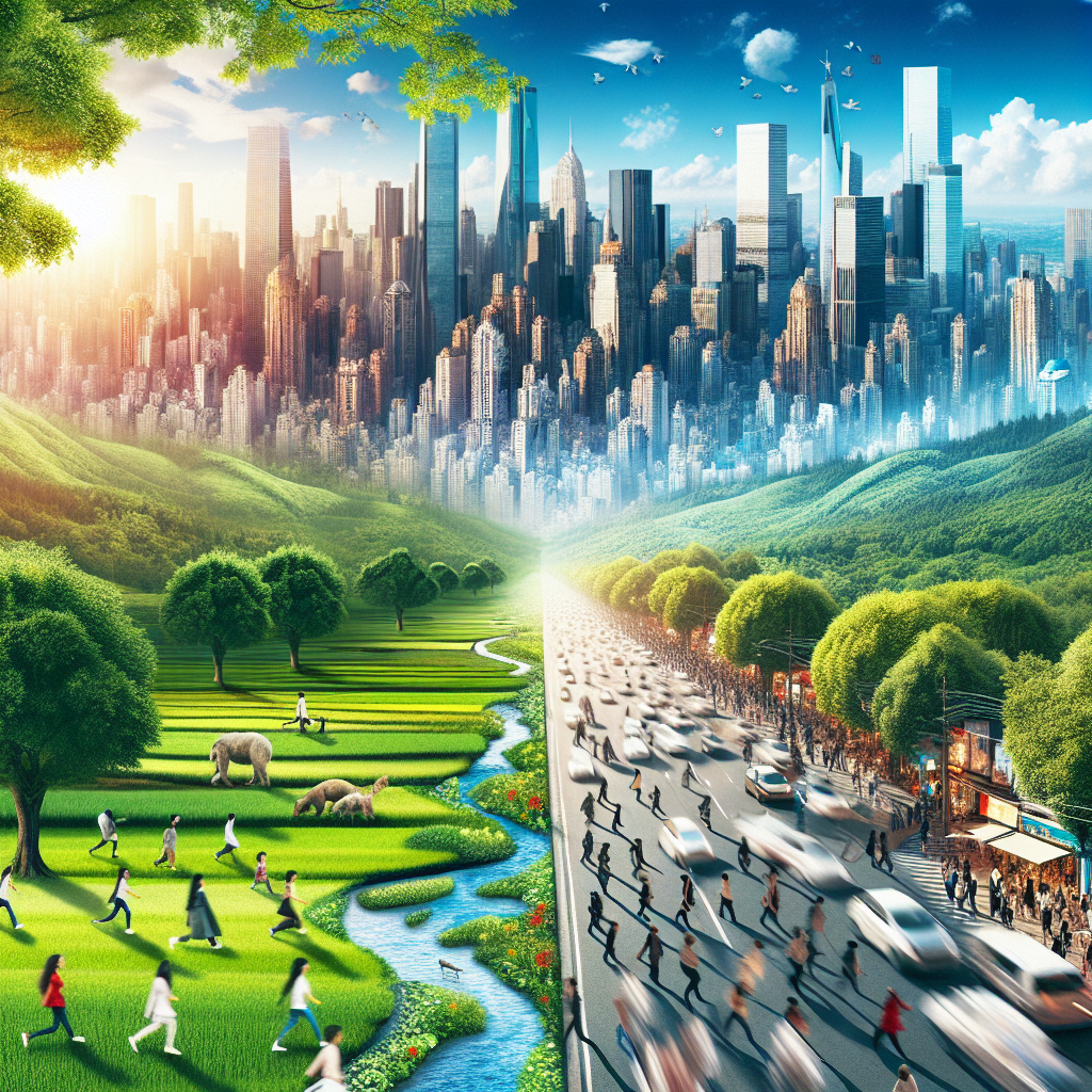 A serene landscape juxtaposed with a busy city scene, illustrating the contrast between modern life's chaos and the pursuit of inner peace.
