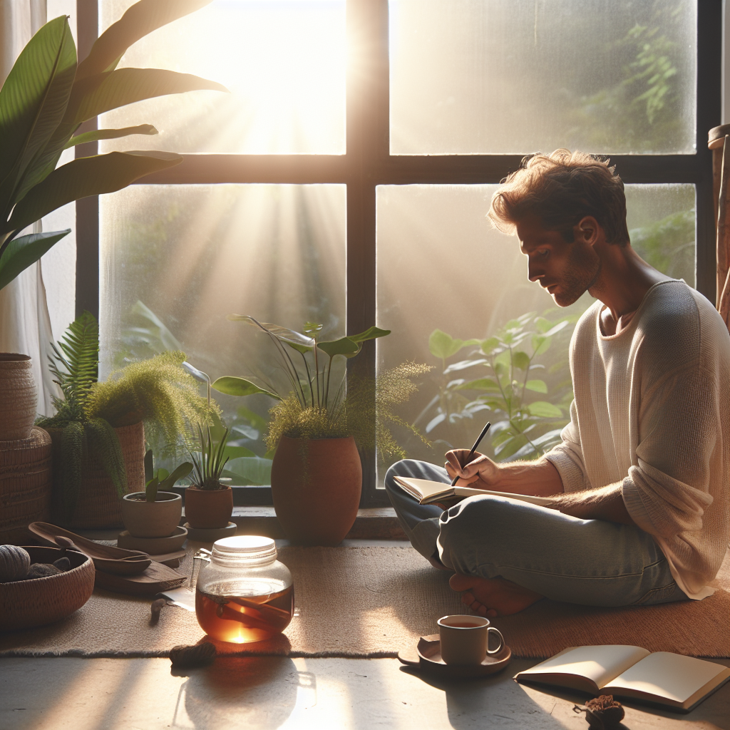 A serene morning scene featuring a person sitting peacefully by a large window, journaling with a cup of tea beside them. Soft sunlight streams in, illuminating a minimalist space adorned with plants and natural elements, embodying a calm and intentional start to the day.
