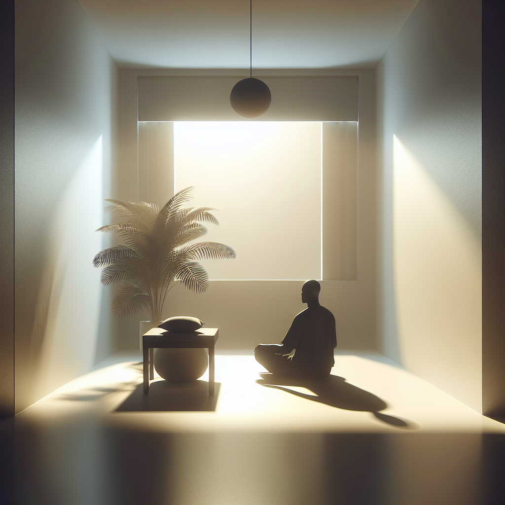 A serene scene of a person sitting peacefully in a quiet room with soft natural light streaming through the window, symbolizing the pursuit of inner peace amidst the chaos of modern life.